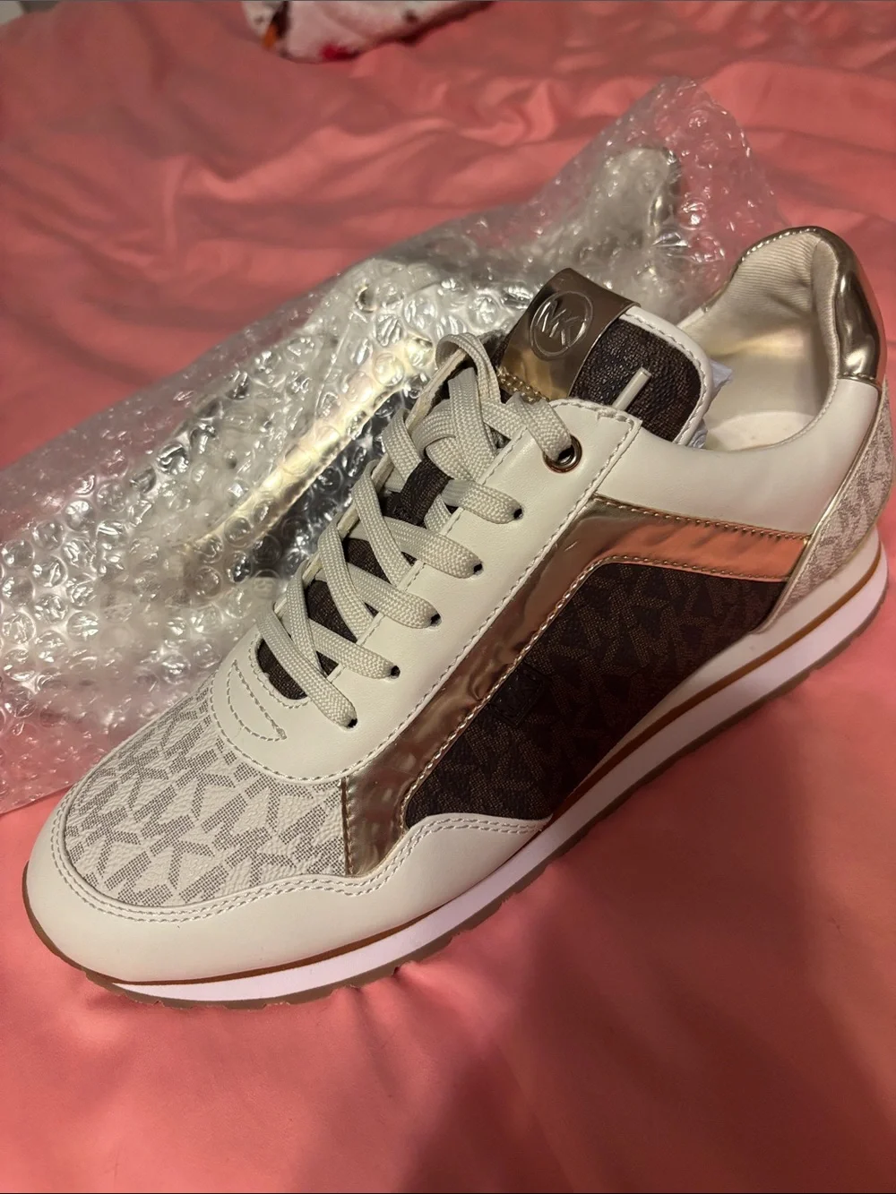 Michael Kors White, Brown and Rose Gold Logo Runner Sneakers size 8 NWT